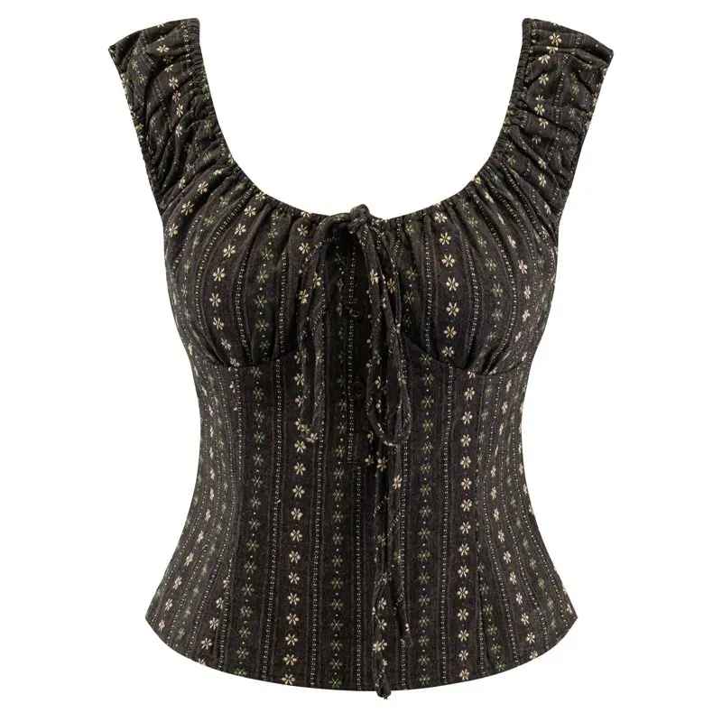 XNWMNZ High Quality  2026 New Women's Summer Bohemian Floral Print Corset Top Ruched Bustier Blouse with Tie Front