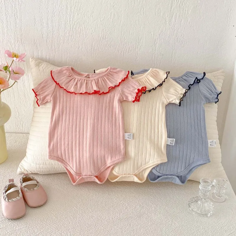 

Детский комбинезон-песочник с воротником-лепестком и рюшами, из чистого хлопка, с коротким рукавом, однотонный