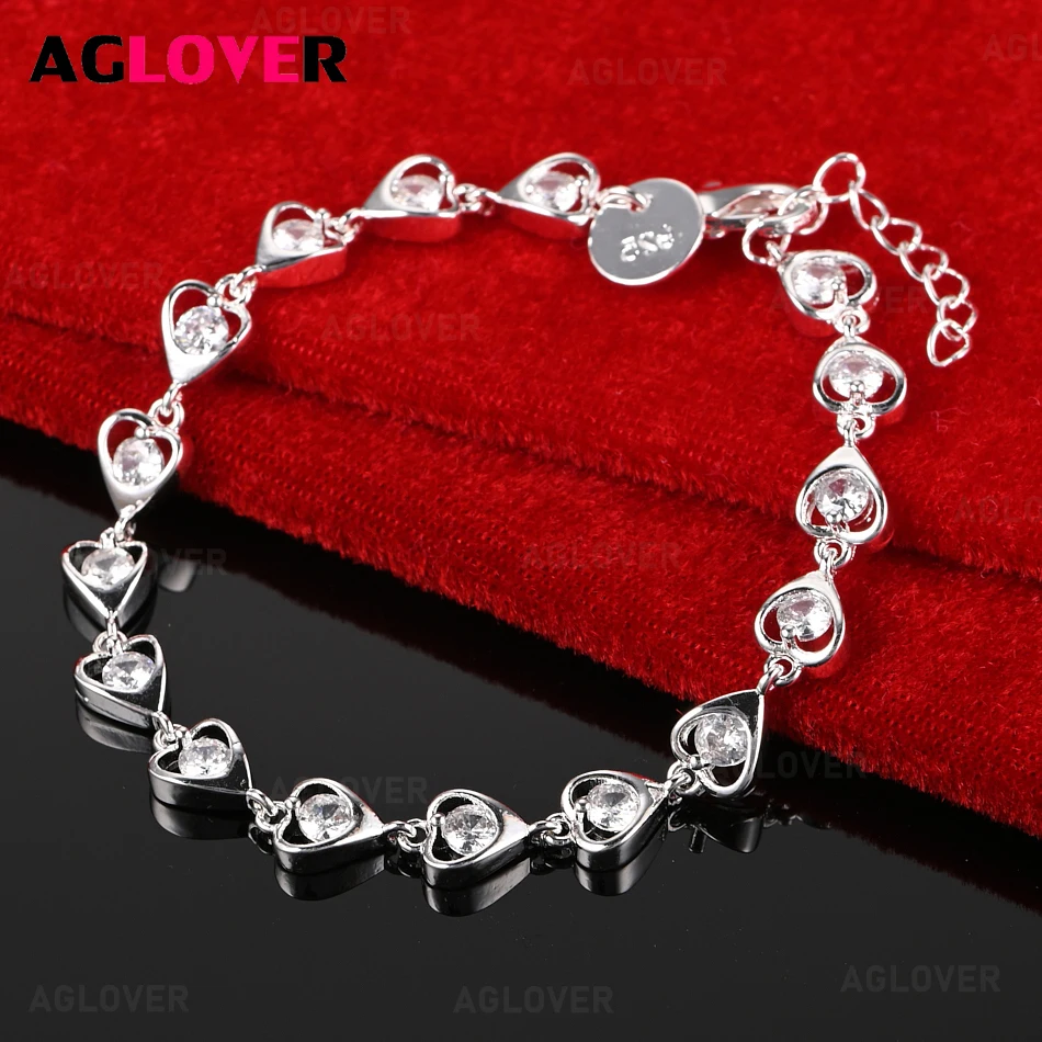 

AGLOVER 925 Sterling Silver Heart Inlaid Zircon Bracelet Women Charm Fashion Holiday Party Gift Jewelry
