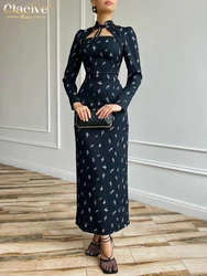 Clacive Fashion Slim Print Women's Dress Bodycon Stand Collar Long Sleeve Ankle Length Dresses Elegant High Waist Female Dress
