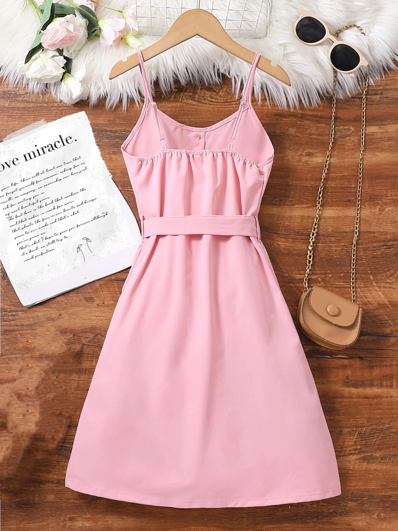 Summer girls fashion advanced sense pink sleeveless slip dress bow waist single-breasted dress