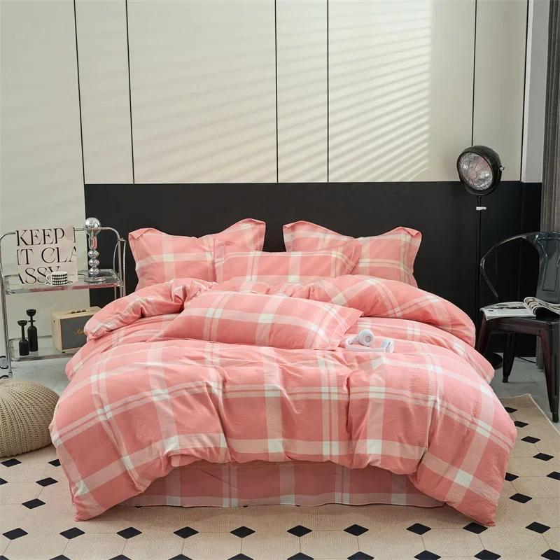 Pink Grid Duvet Cover 100% Washed Cotton Textured Percale Bedding Set Cute Plaid Buffalo Check Gingham Comforter Cover, 3 Pieces