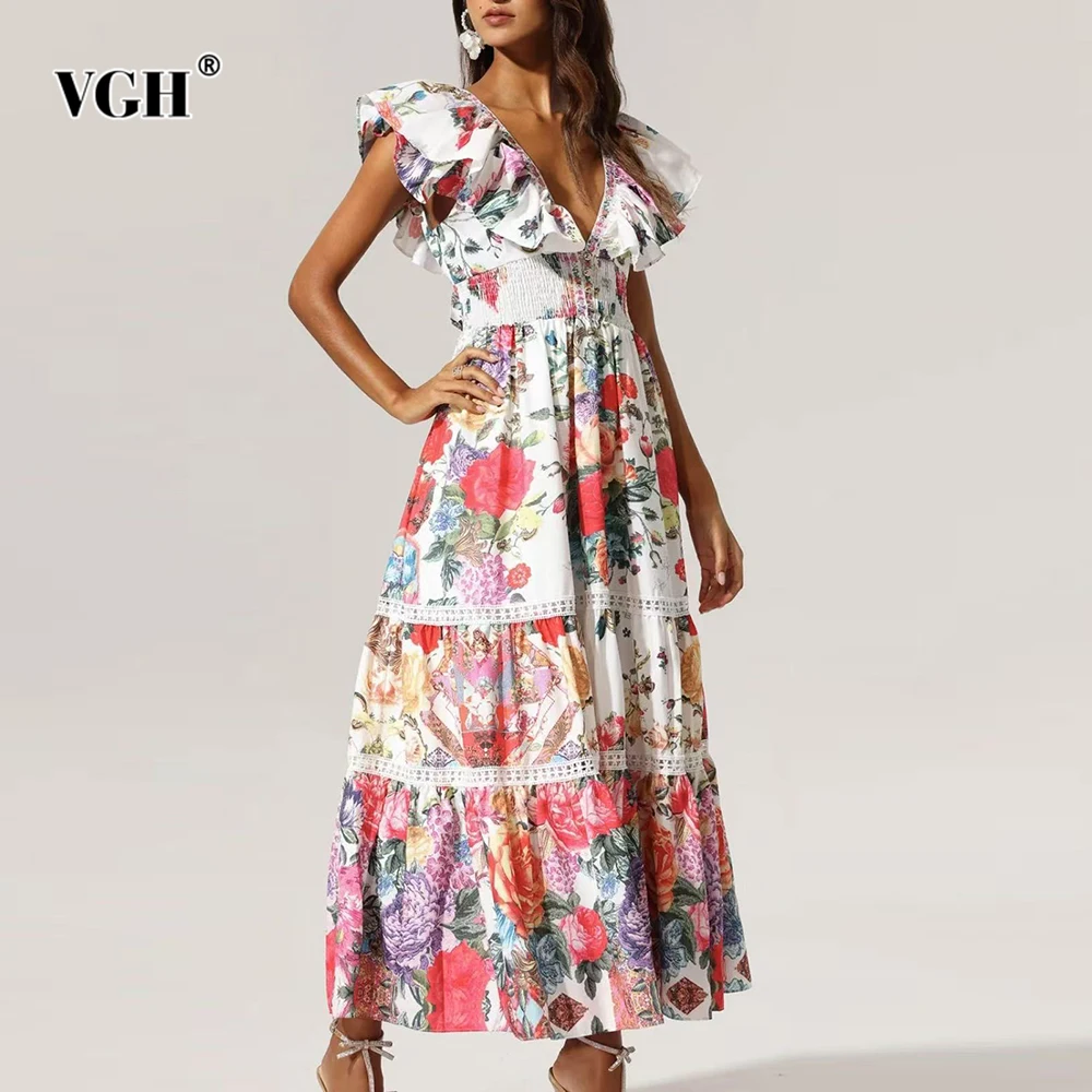 

VGH Temperament Printing Draped Long Dresses For Women V Neck Sleeveless High Waist Designer Party Dress Female Fashion Style