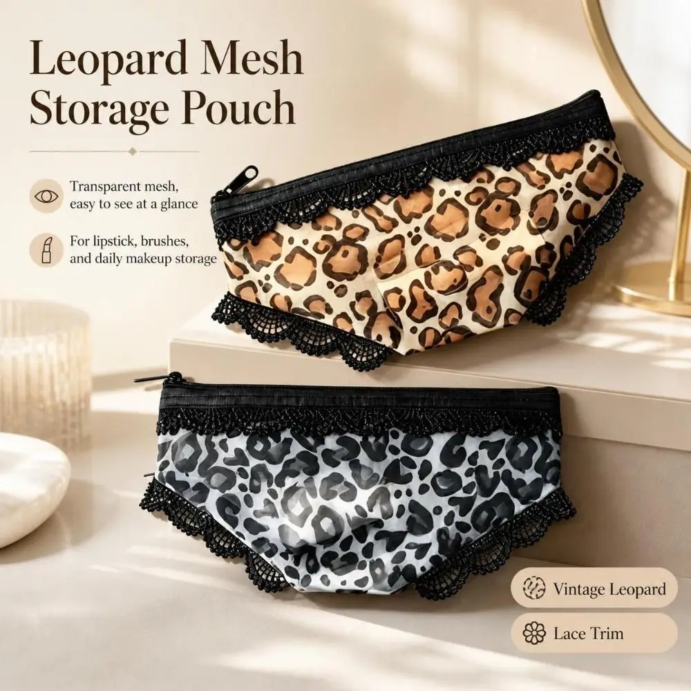 Leopard Print Panties Shaped Makeup Pouch Lace Trimmed Portable Mesh Cosmetic Bag Transparent Lightweight Storage Pouch Travel