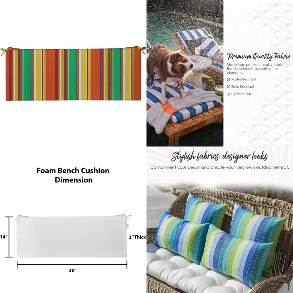 

2" thick striped foam bench cushion, outdoor/indoor use, 36"x14" with ties