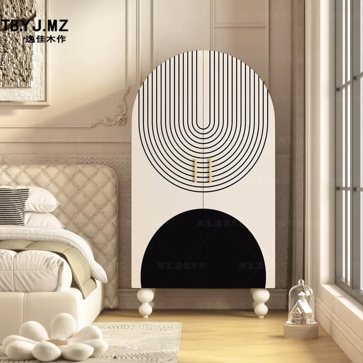 French modern simple home bedroom solid wood wardrobe living room floor-to-ceiling against the wall