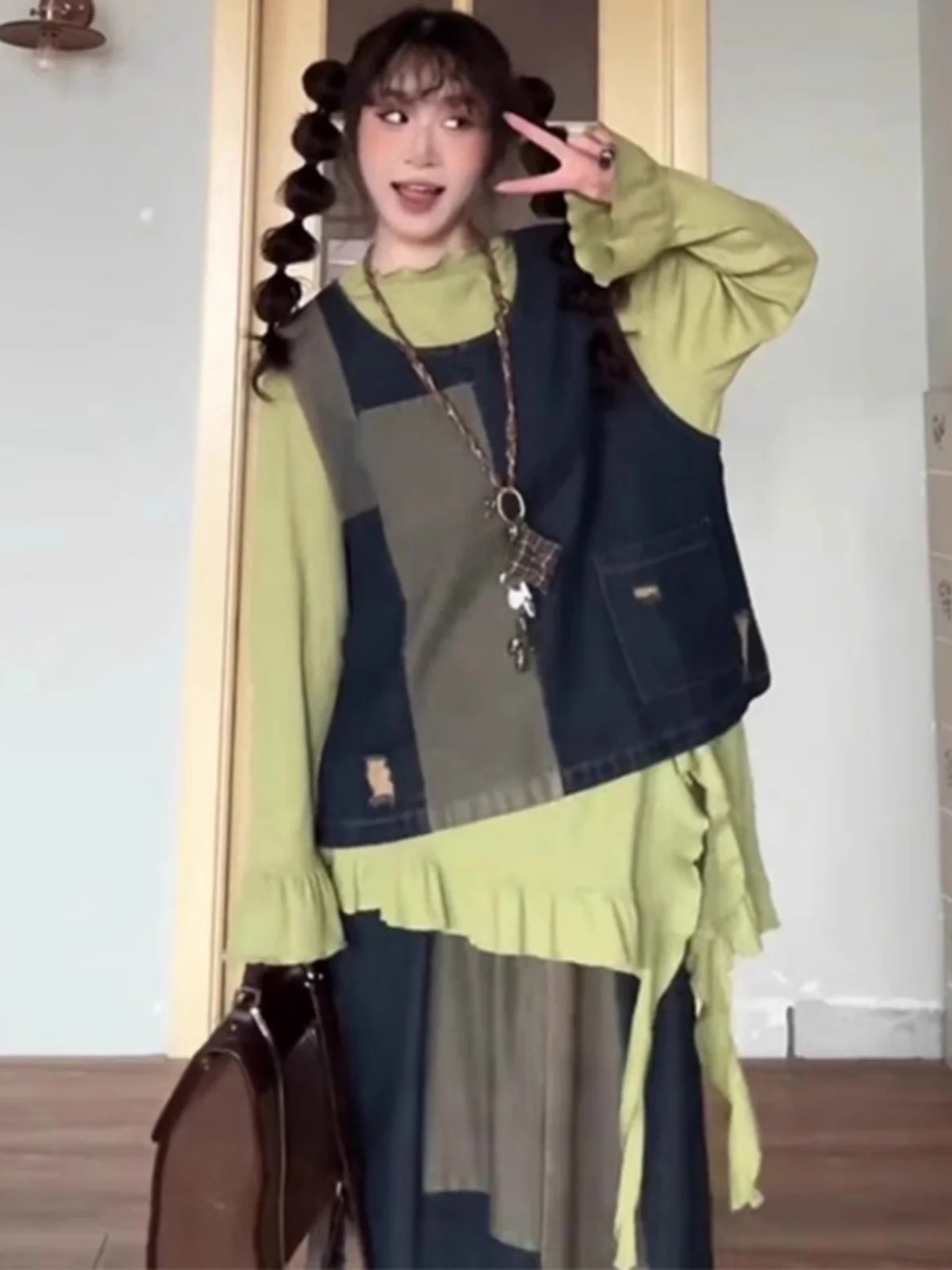 

High Waist Denim Top And Skirt Set Women's Faion Spring Collection Casual Sle round Ne Two-Piece Suit by Xiaohanjia
