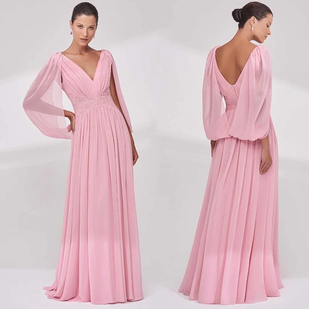 

Chiffon Pink Evening Dress V-neck Sleeveless Backless Shawl A-line Pleated Brush Train Women's Elegant Party Prom Gown