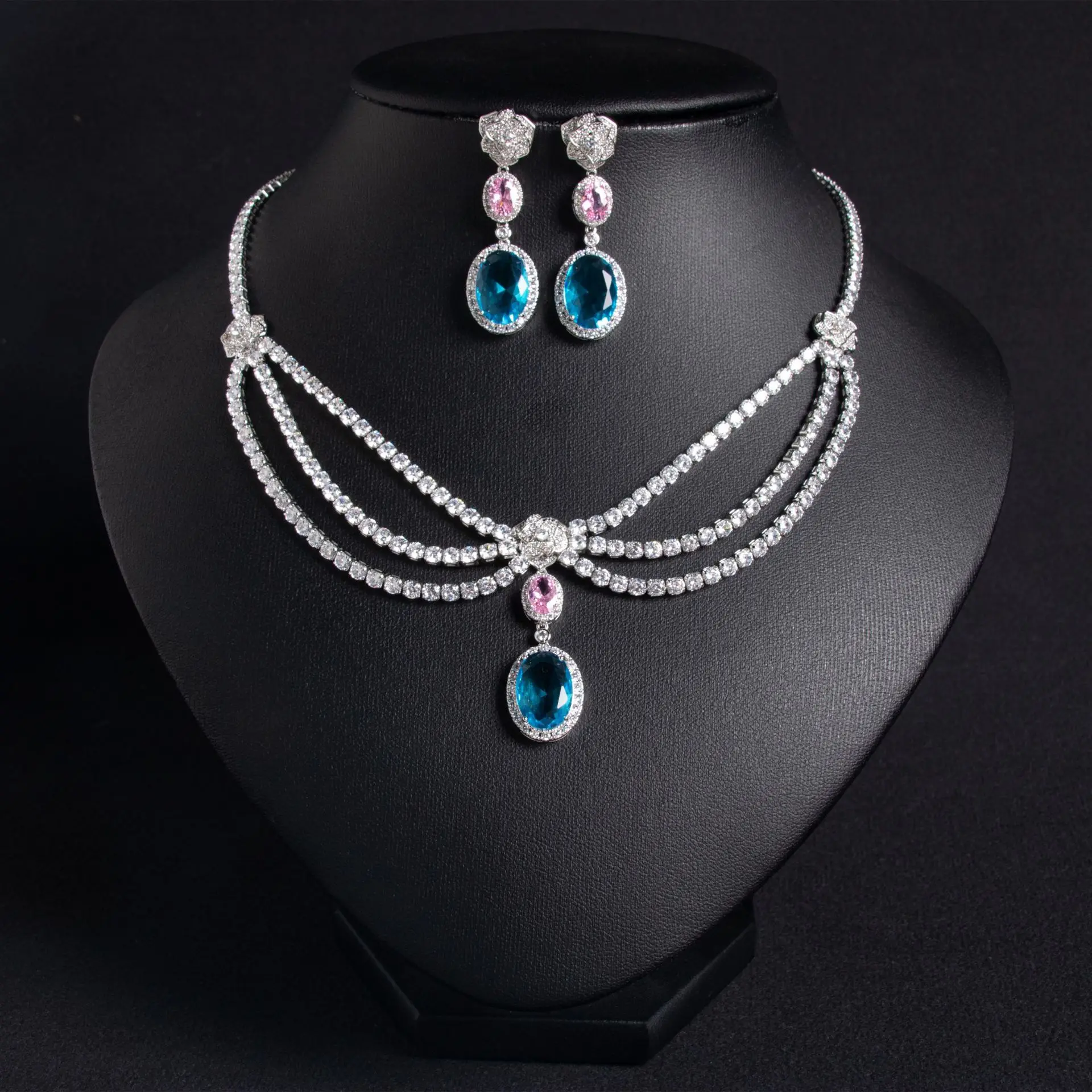 HIBRIDE New Chic Flower Stacked Chain Drop Jewellery Ladies Necklace Earrings Zirconia Set Prom Party Holiday Wedding S-631