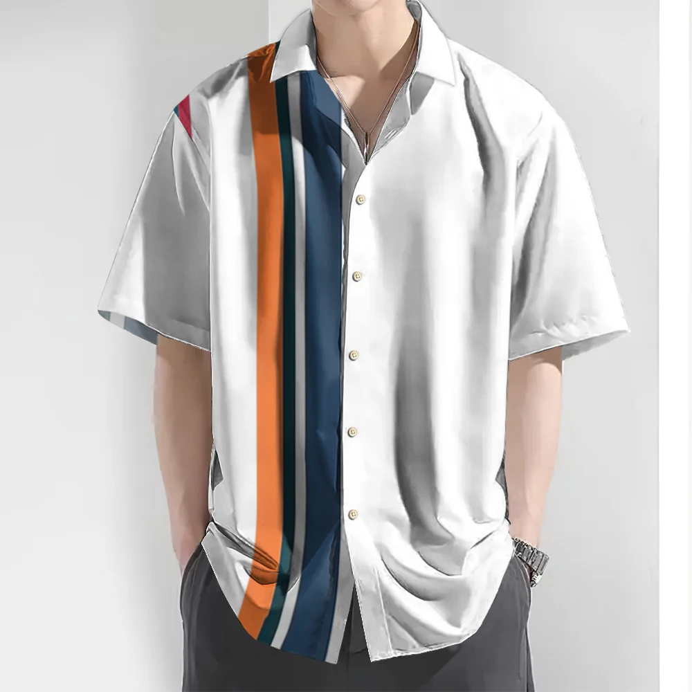 2024 3d Striped Print Men\'s Shirt Summer Casual Short Sleeve Tops Loose Oversized Hawaiian Shirts For Men Quick Dry Man Clothing