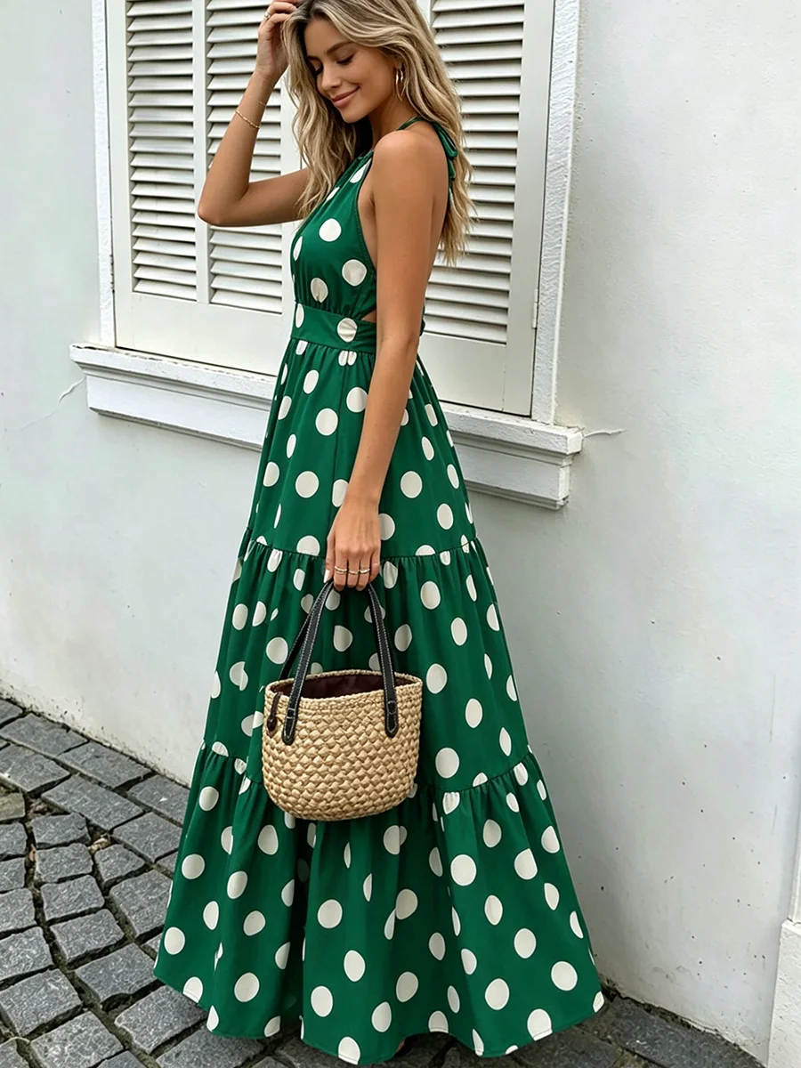 Strandkleid mit Neckholder-Ausschnitt, gestuft, grün-weiß gepunktet, Maxikleid, Sommerkleid für Damen, Urlaub & Alltag – Detail 4