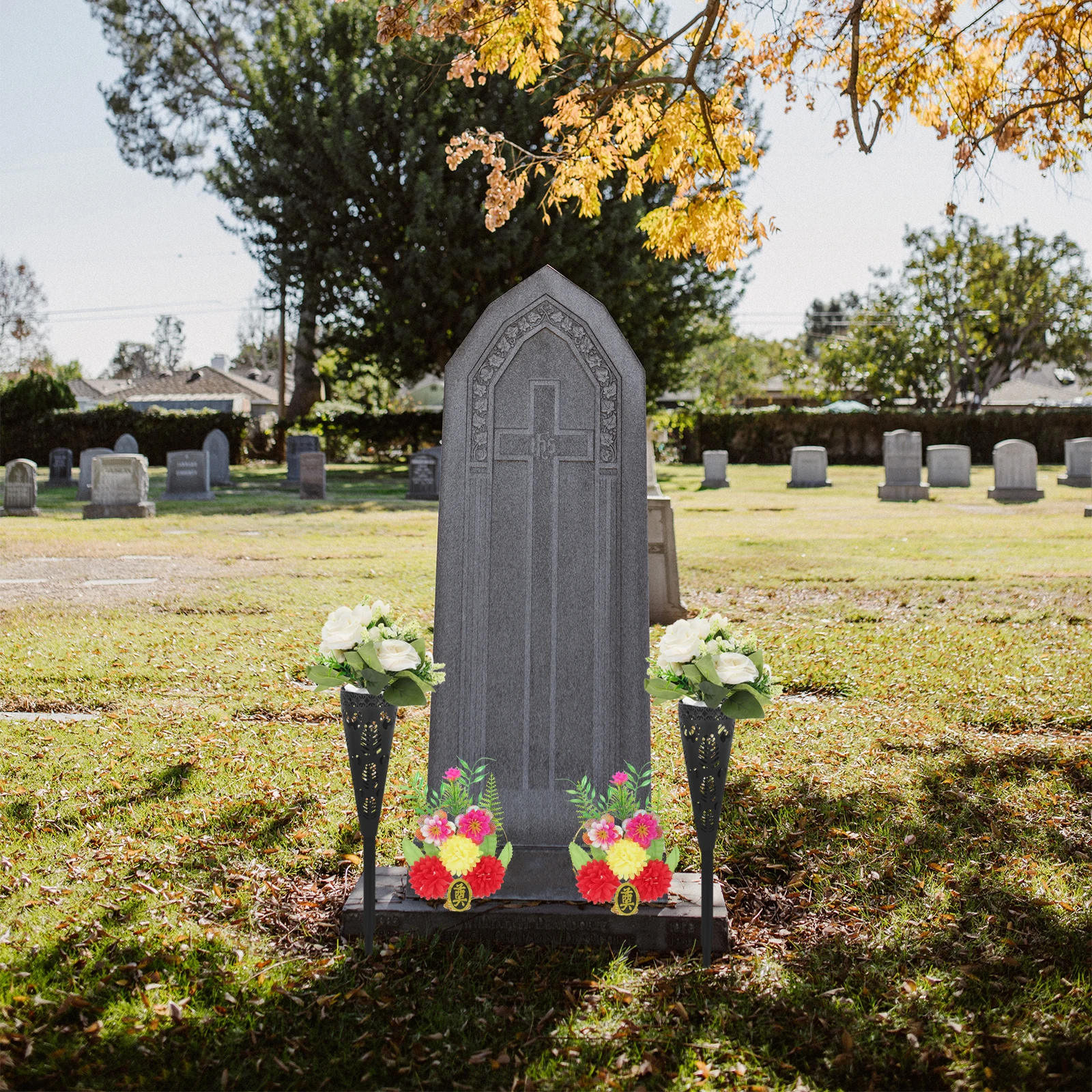 

2 Pcs Artificial Flowers for Cemetery Durable Plastic Grave Basket Realistic Balcony Garden Outdoor L scaping Props Flower Vase