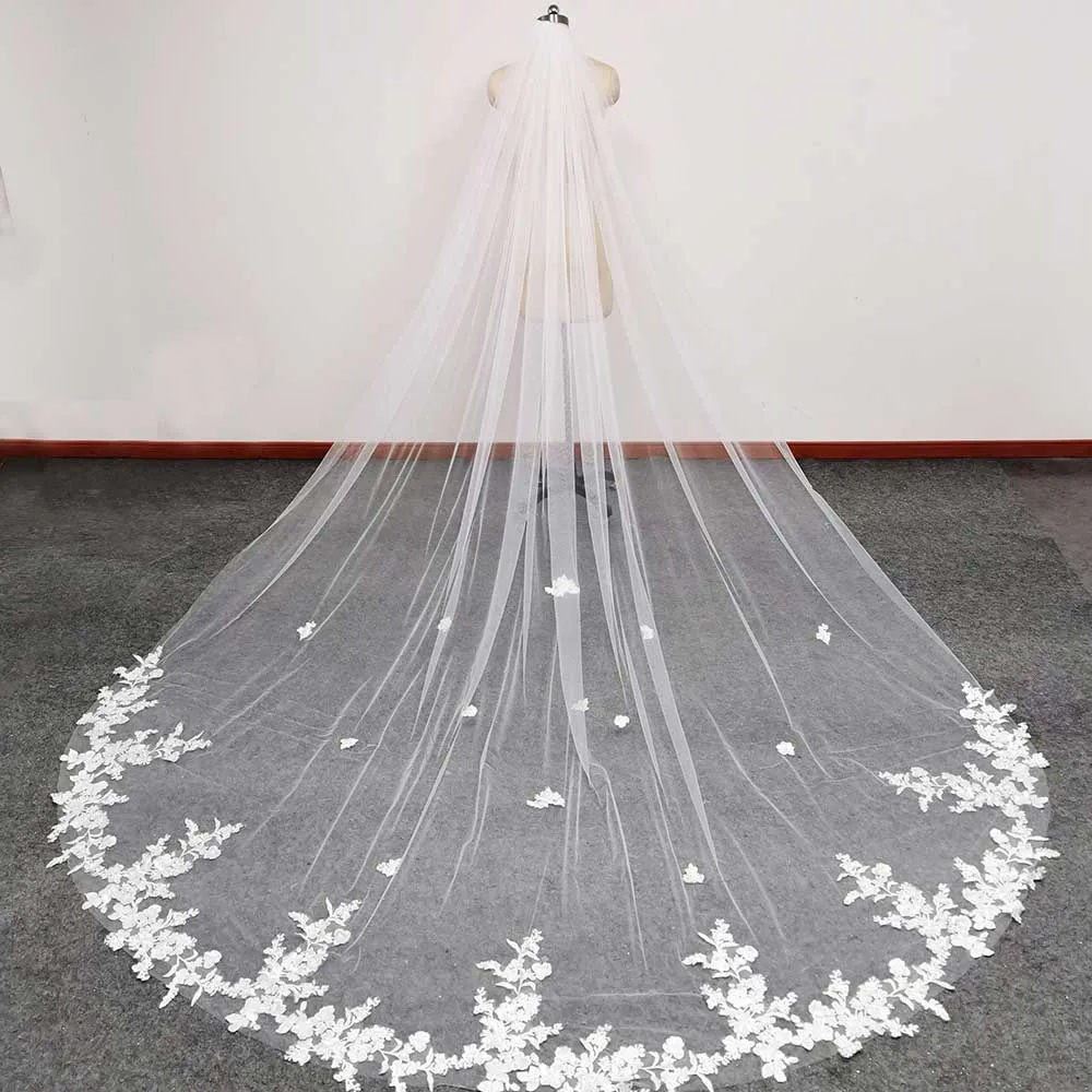 

Real Photos Lace Wedding Veil One Layer 3.5 Meters Long Bridal Veil with Comb 1 Tier 3.5M Velos De Novia Wedding Accessories