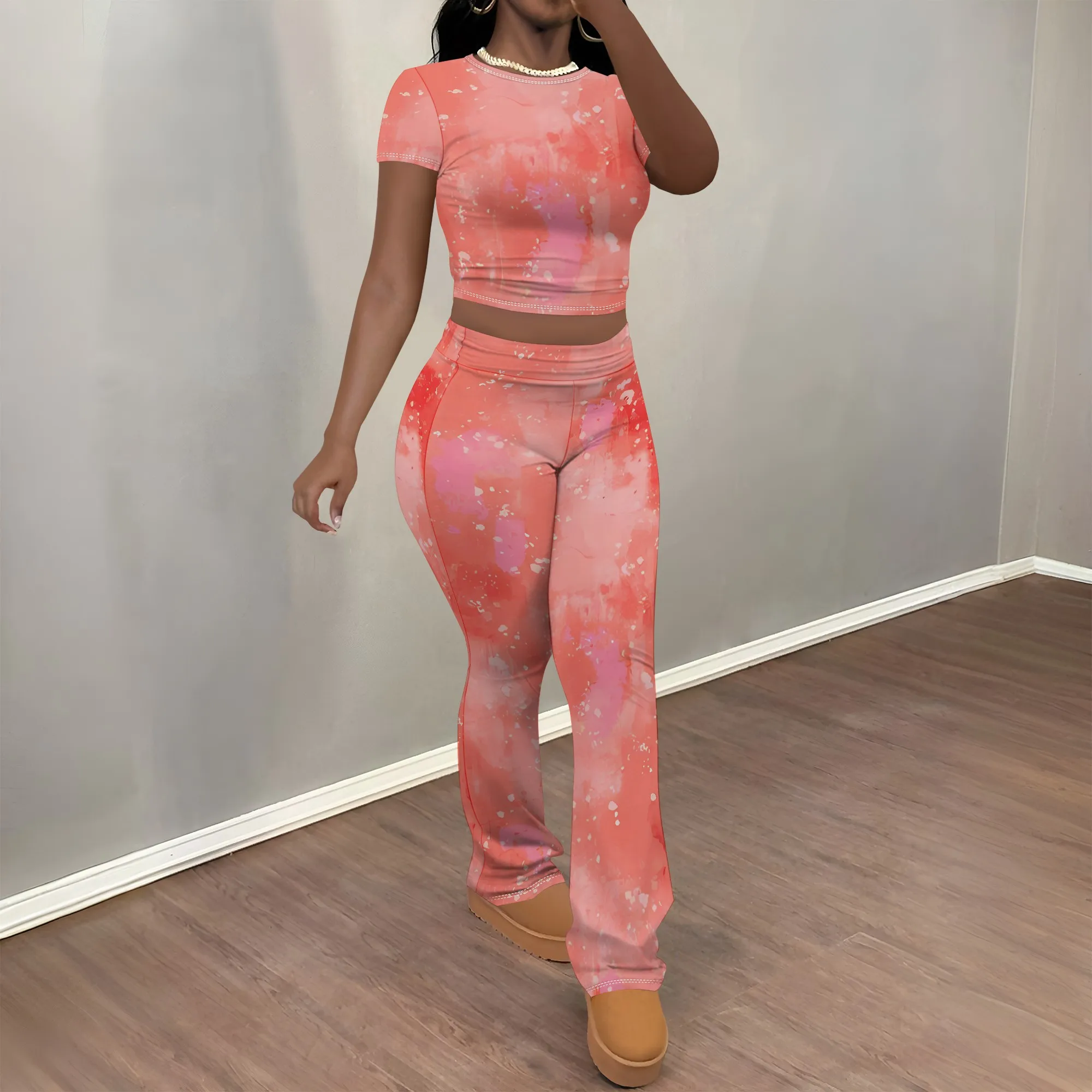 

Nupusa Coral Tie Dye Print Two - Piece Set for Women Standard Size Summer Casual Crew Neck Short Sleeve Outfit