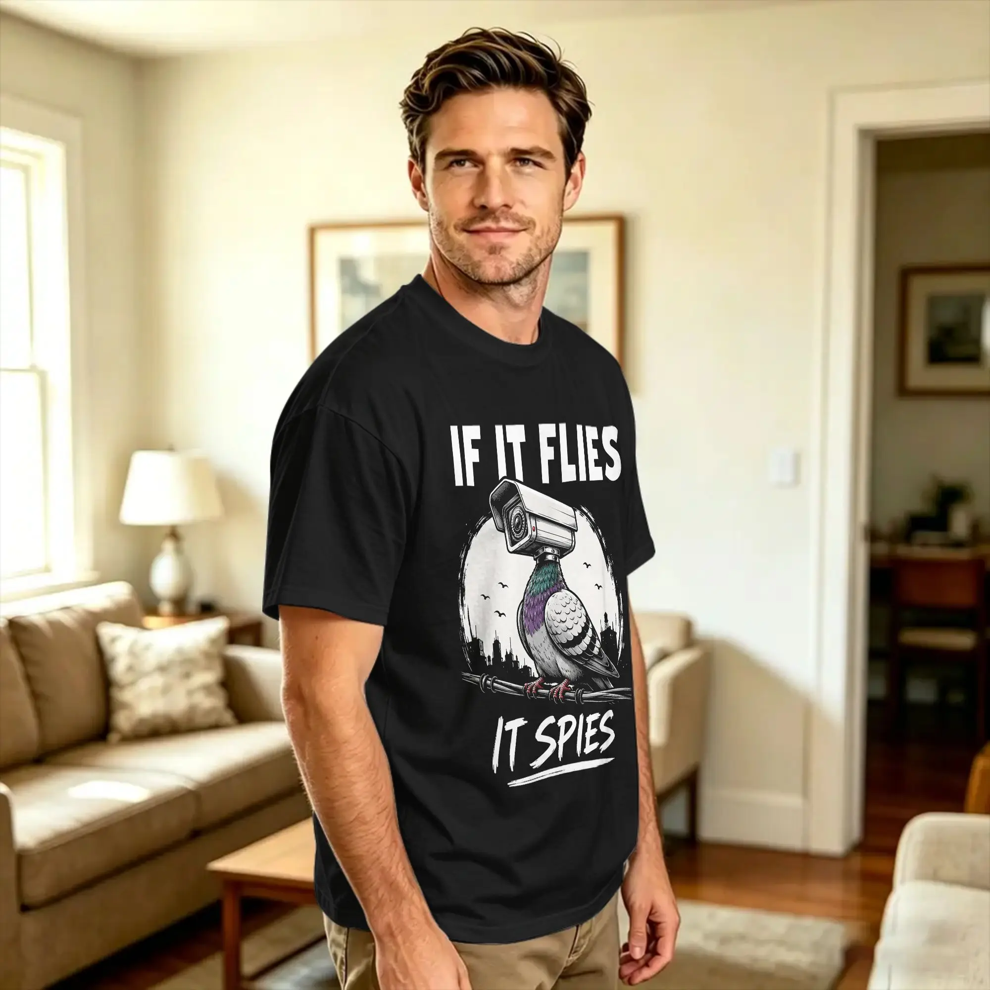 Men T-Shirt If It Flies It Spies Funny Spy Pigeon Conspiracy T-Shirts Fashion  Summer Tees Vintage Cotton Clothes Birthday Gift