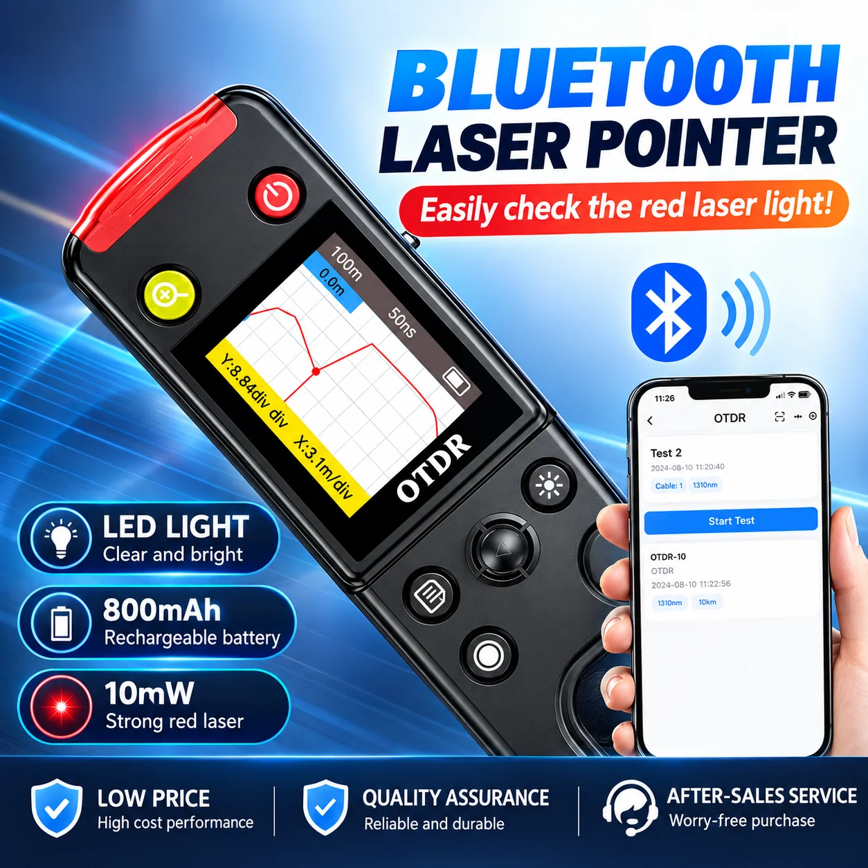 OT-10 Red Light Visual Fault Locator 20km Fiber Optic Tester OTDR Rechargeable 10mW Breakpoint Detection Bluetooth Remote Contro