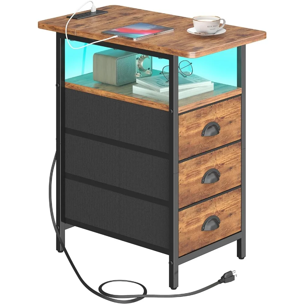 

End Table with Charging Station,LED Side Tables with USB Ports and Outlets,Narrow Nightstands Bedside Tables with 3 Fabric Drawe