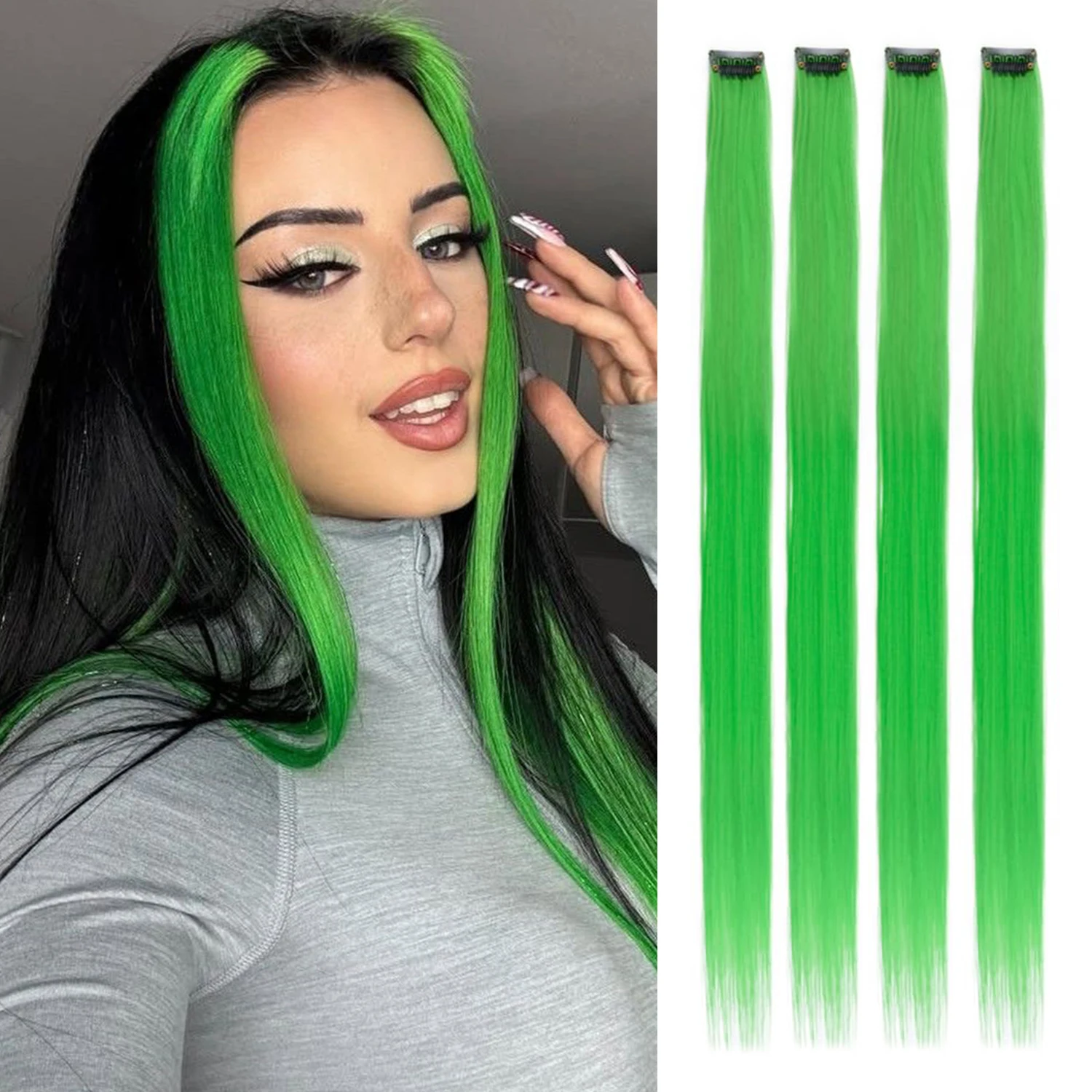 

22 inch Colored Hair Extensions, Colorful Party Highlights Clip in Synthetic Hair Extensions, Color Long Straight Hairpieces