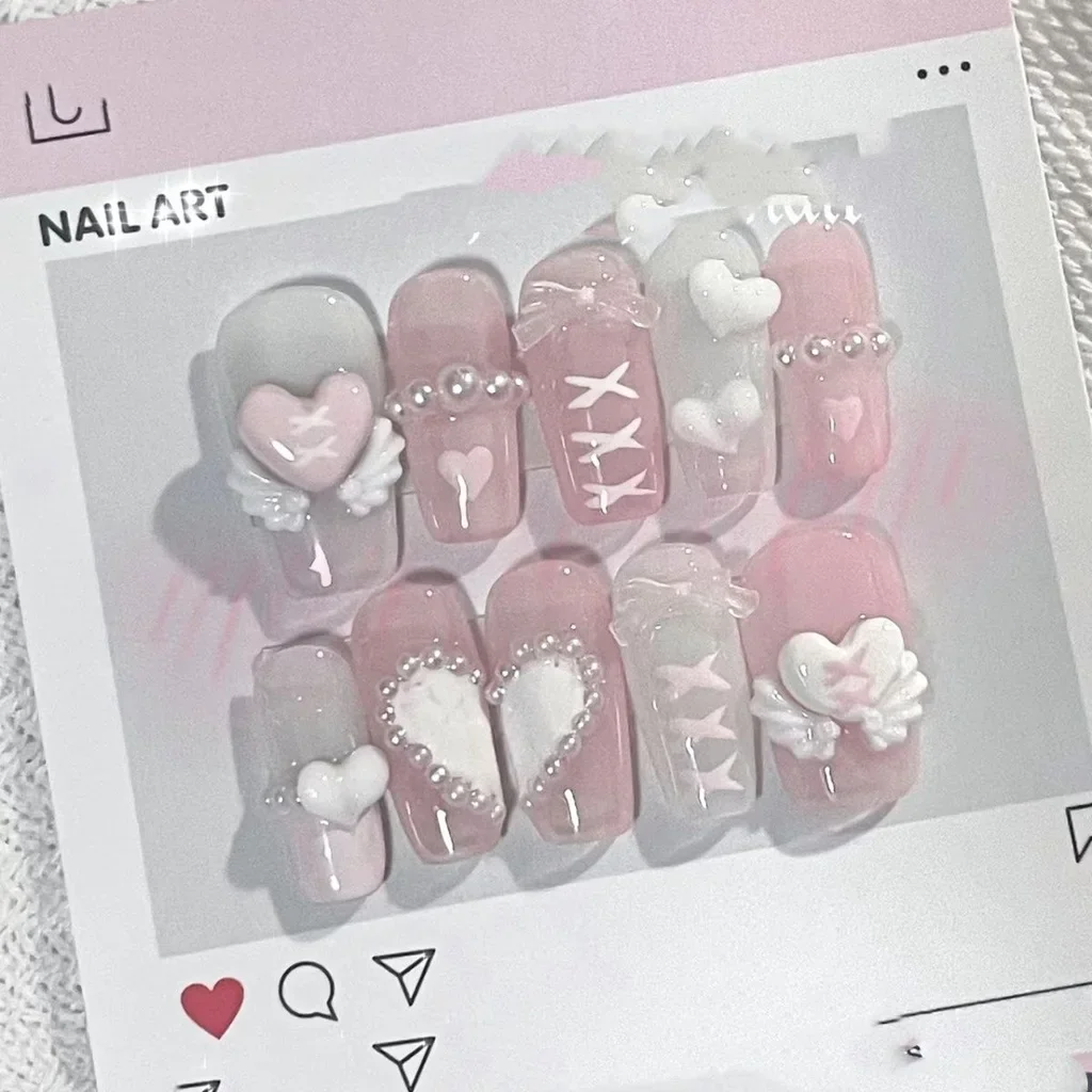 

Розовые милые крылья ангела, бант с любовью, маникюр ручной работы, ногти, маникюр со звездами, универсальный милый фея, носимые накладные ногти