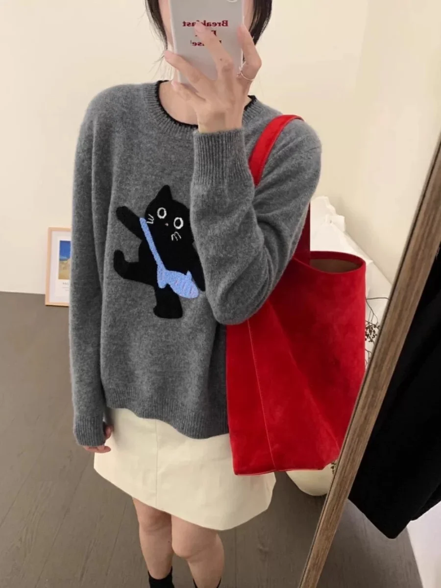 かわいい猫プリントセーター女性の秋冬ソフトニットプルオーバー多用途カジュアル暖かいベースレイヤートップ漫画ジャカードニットウェア