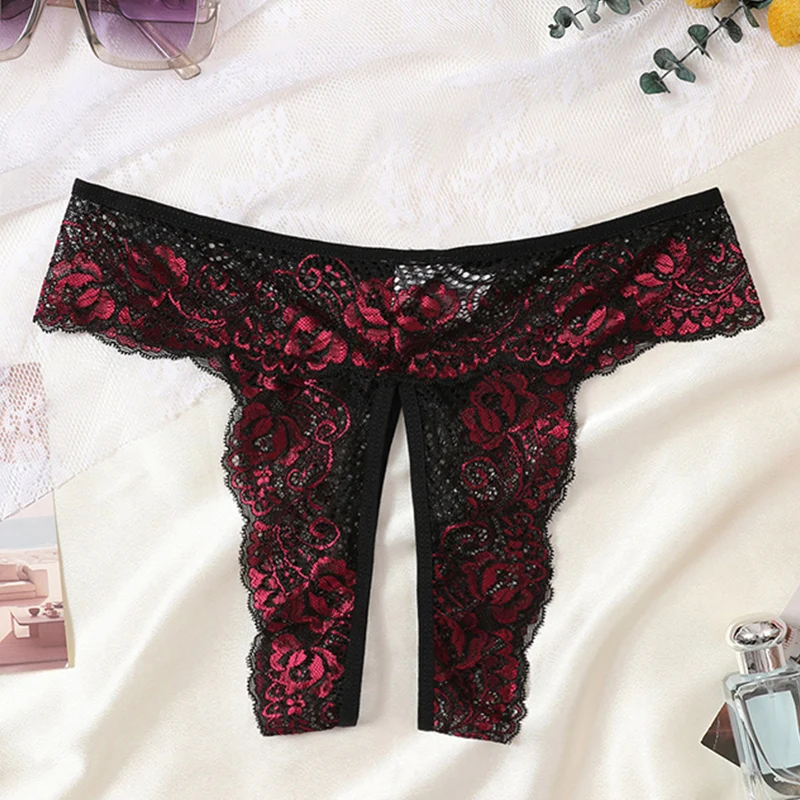 Sexy Hot Crotchless Thongs Wave Lace Underwear Women Intimates Underpants Low Waist Briefs Female Comfortable Panties Lingerie