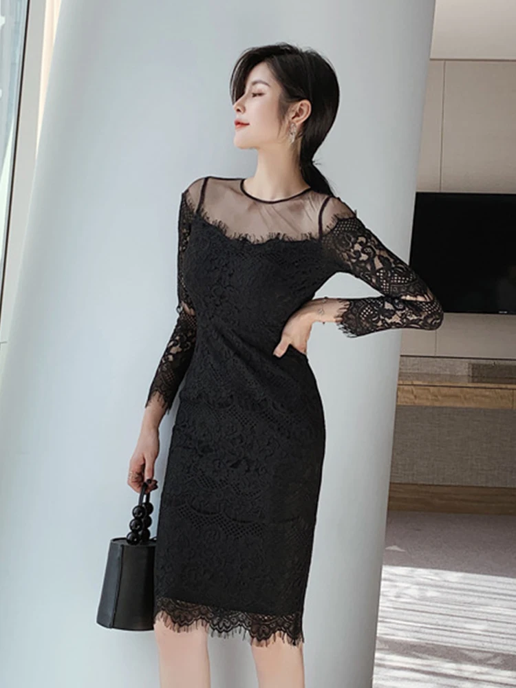 Lace Spring Midi Dress Women Retro Elegant Sexy Celebrity Hook Flowers Hollow Sheer See Through Bodycon Robe Femme Party Vestido