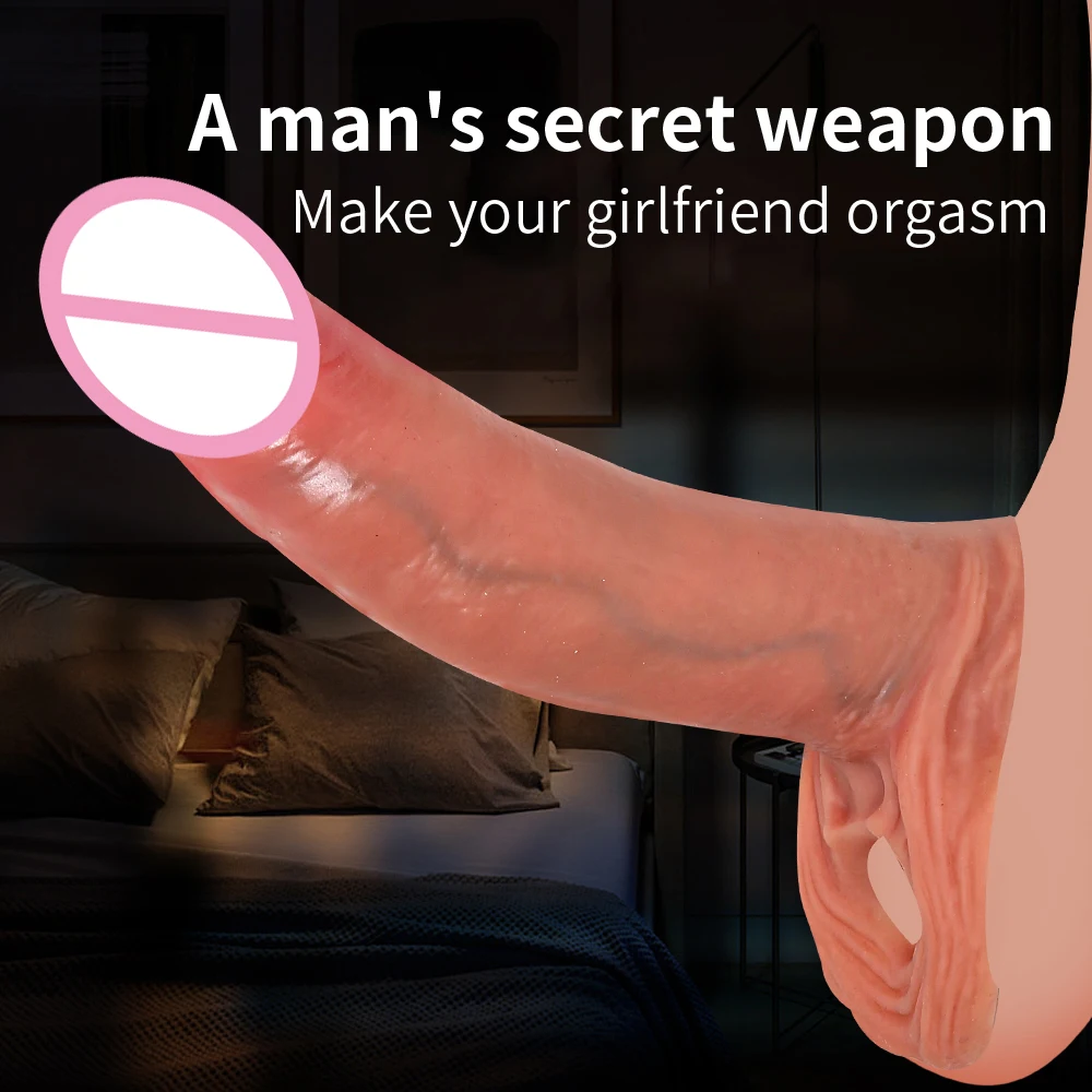 Realistic Penis Sleeve Reusable Silicone Condom Cock Extension Sex Toys Artificial Dick Enlargement/Extender Men Penis Enlarger