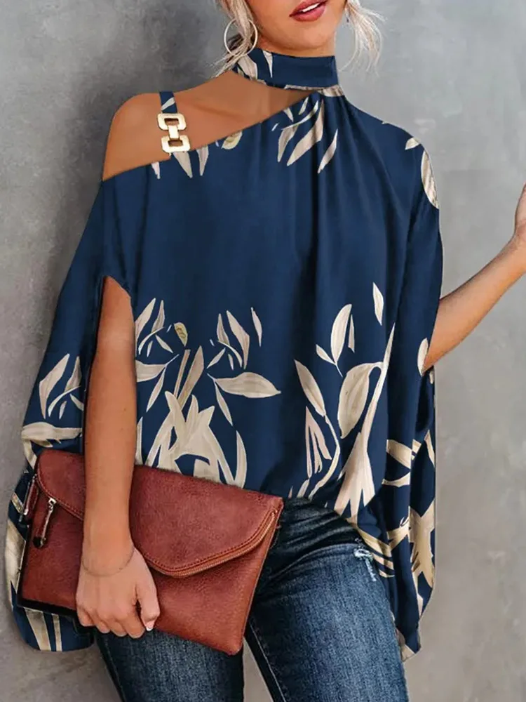 Leaf Print Chain Strap Cold Shoulder Women Blouse Tops