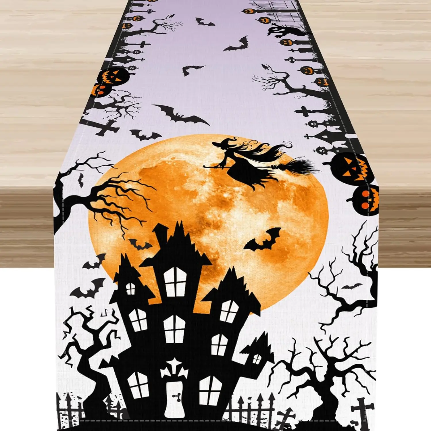 Halloween Spooky Ghost Pumpkin Haunted House Linen Table Runner Tabletop Decor Reusable Kitchen Dining Table Runner Party Decor