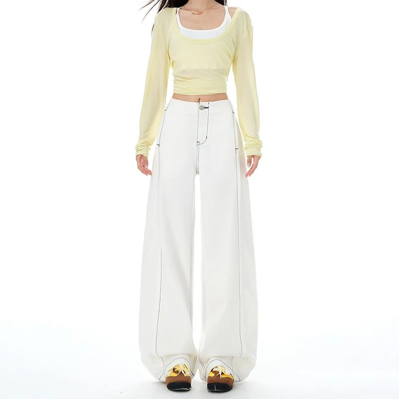 FINEWORDS High Waist Retro White Jeans Women Korean Wide Leg Jeans Streetwear Easymatch Full Length Harajuku Baggy Jeans