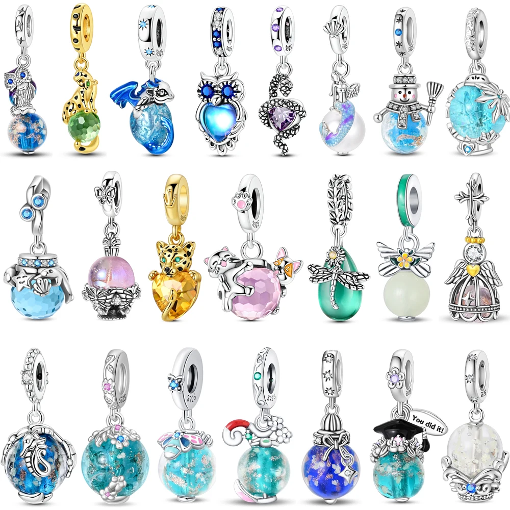 

Colorful 925 Sterling Silver Glow In The Dark Snowflake Snowglobe Dangle Charm Fits Necklace For Women Bracelet Glass Beads Gift