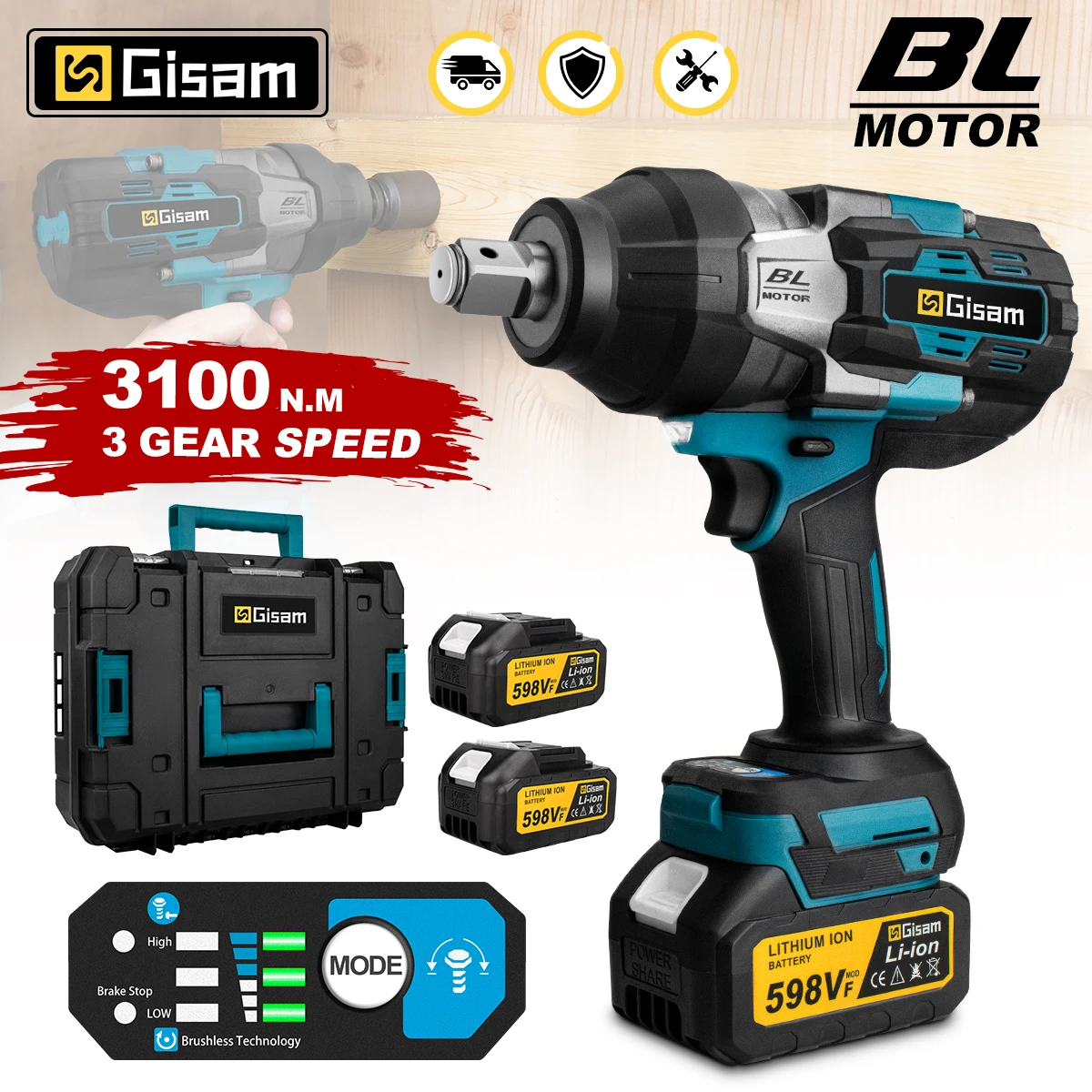 Gisam-chave Elétrica de Impacto Brushless Torque 3100n.m Chave Elétrica sem Fio Ferramentas Elétricas para Bateria Makita 18v