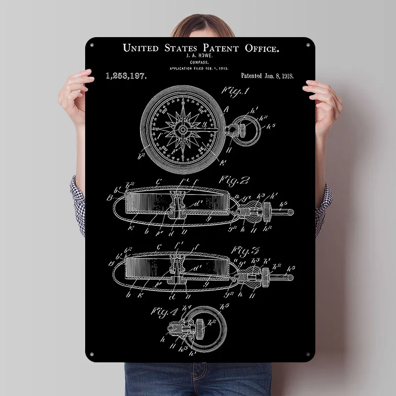 Compass Patent Printed Poster Customized Retro Wall Art Vintage Metal Tin Signs for Home Bedroom Decoration Gaming Desk Decor