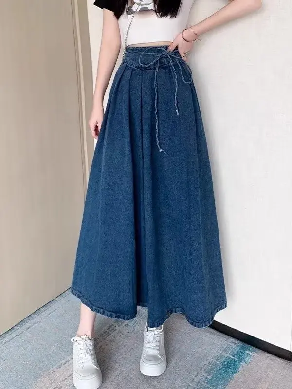 

Ретро-юбка из синего денима с высокой талией, А-силуэт, миди, женская, дизайнерская, с поясом, стройнящая, с полным оборчатым подолом