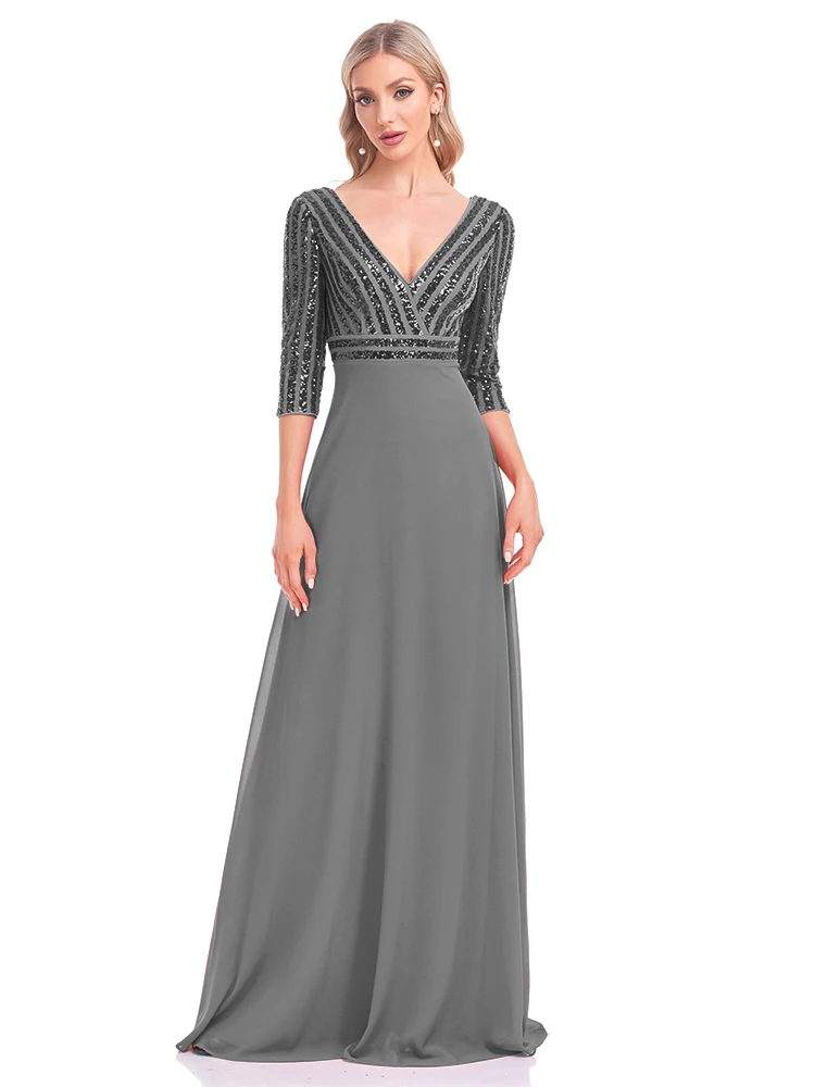 فستان سهرة أنيق مزين بالترتر وأكمام طويلة ورقبة على شكل V وردي فستان سهرة لحفلات الزفاف وحفلات التخرج للنساء 2025 #5