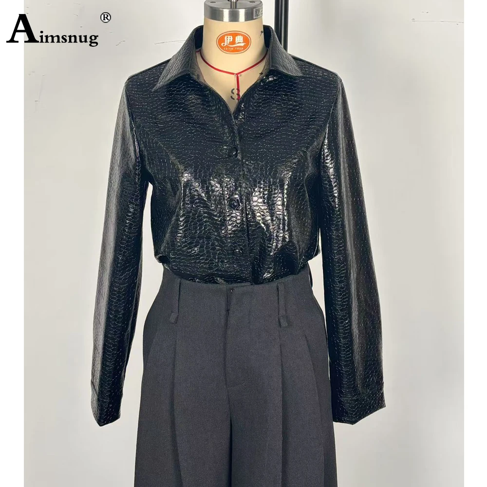 Estilo europeu 2025 moda feminina camisas de couro do plutônio manga longa pele de cobra impressão blusa senhoras turn-down colarinho topos blusas femmes