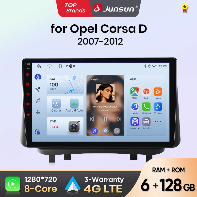 Autoradio Junsun pour Opel Corsa D 2007 2008 2009 2010 - 2012 CarPlay sans fil Android Auto Plug & Play FM RDS DSP GPS Multimédia