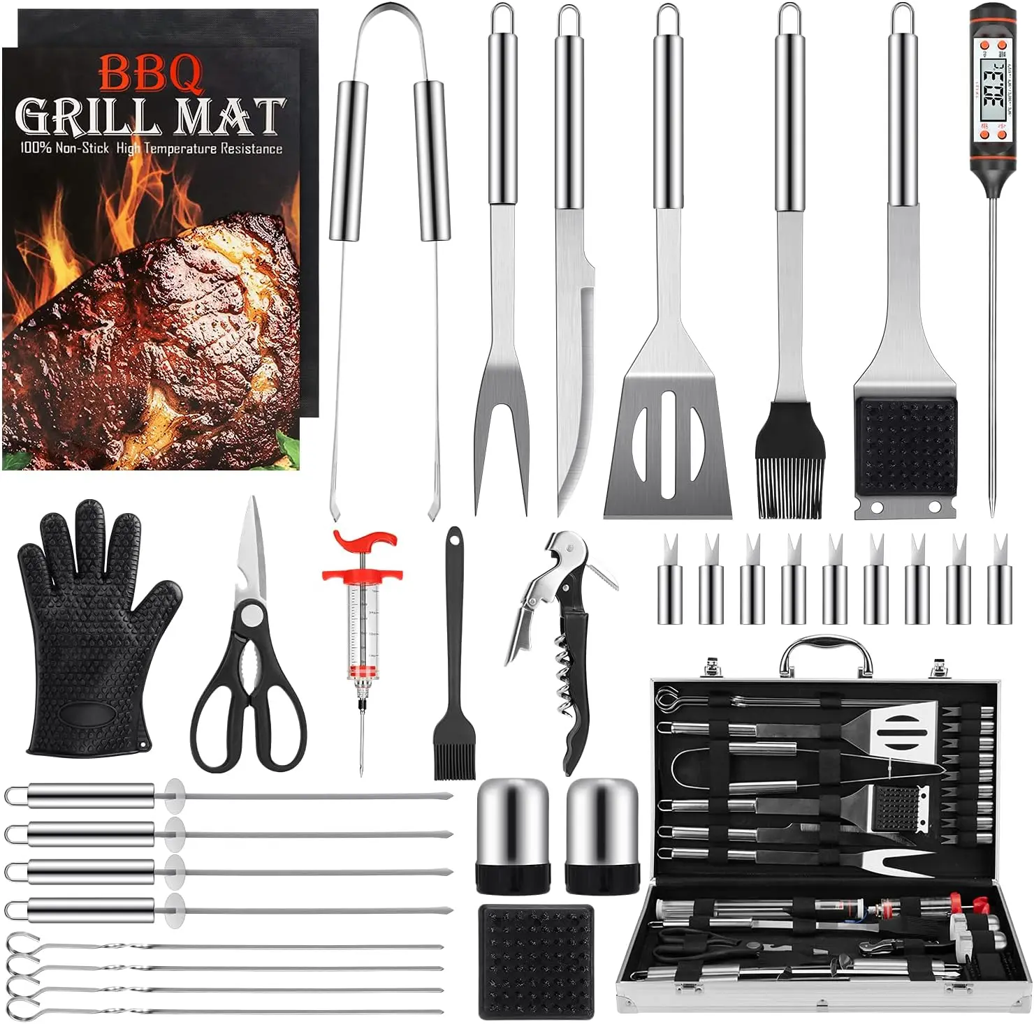 Grill Set, 34PCS BBQ Tools with Aluminum Case, Outdoor Grilling Accessories for Men, Gifts for Dad, Birthday, Wedding