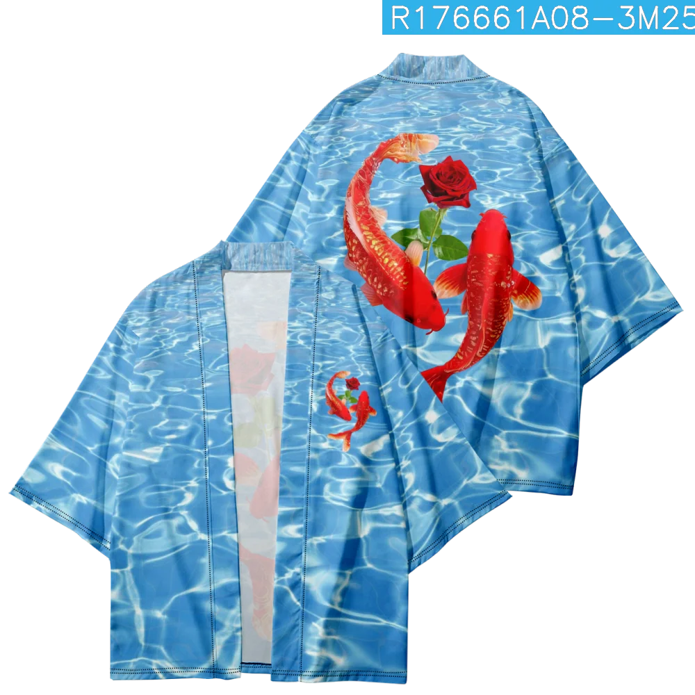 Summer Samurai Kimono Cosplay Fish Print Haori Streetwear Men Kimono Japanese Fashion Yukata Cardigan Resort Robe Hot Sale