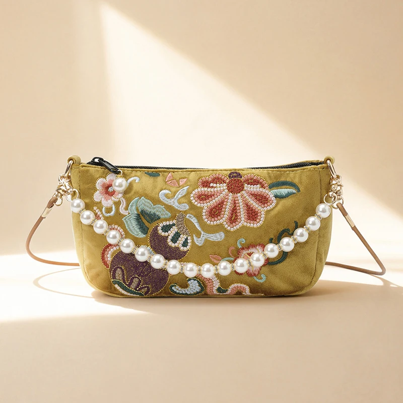 Chinesische Umhängetasche mit Blumenstickerei, Damen-Schultertasche, Handtasche mit Perlenhenkel, Vintage-Geldbörse im ethnischen Hanfu-Stil – Detail 19