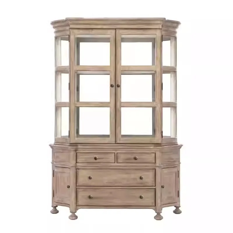 

American solid wood glass dustproof French double door dining side cabinet living room multi-functional storage cabinet