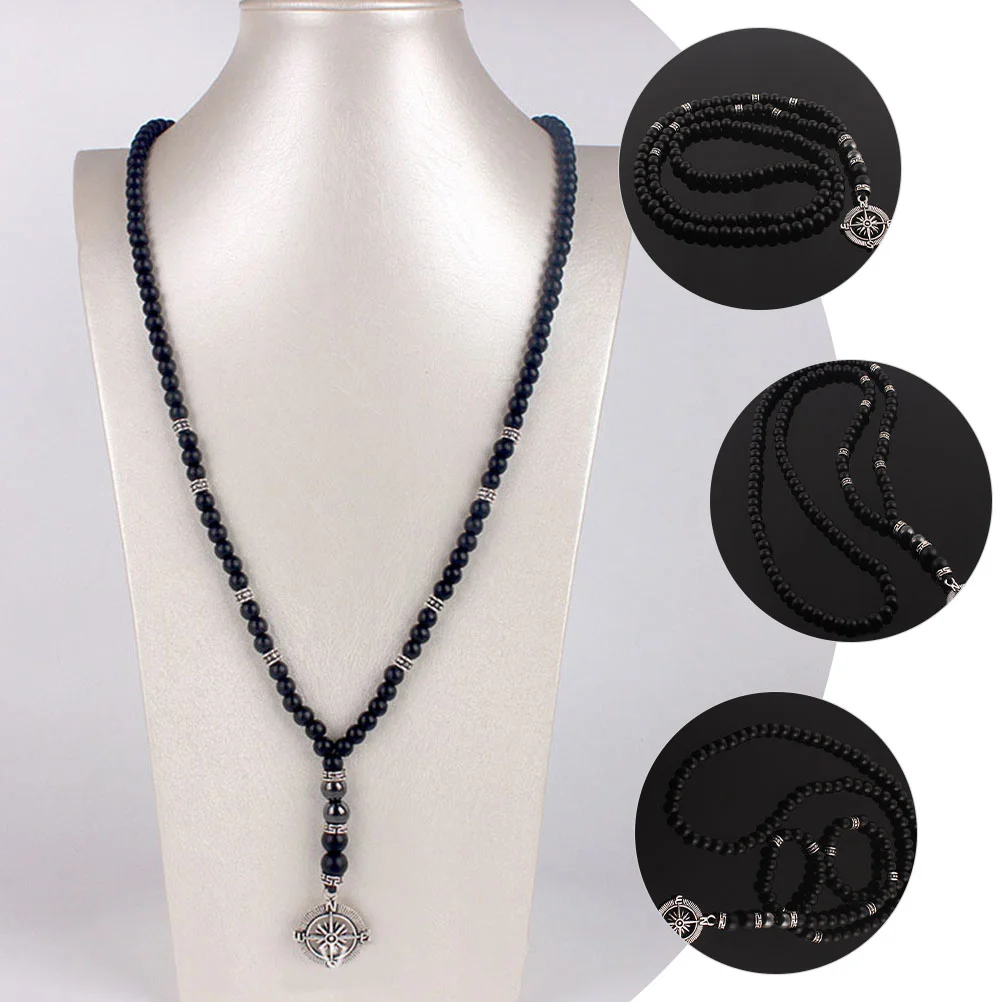 Beaded Necklace for Men Compass Jewelry Men's Necklaces Pirate Mens Pendant Frosted Stone