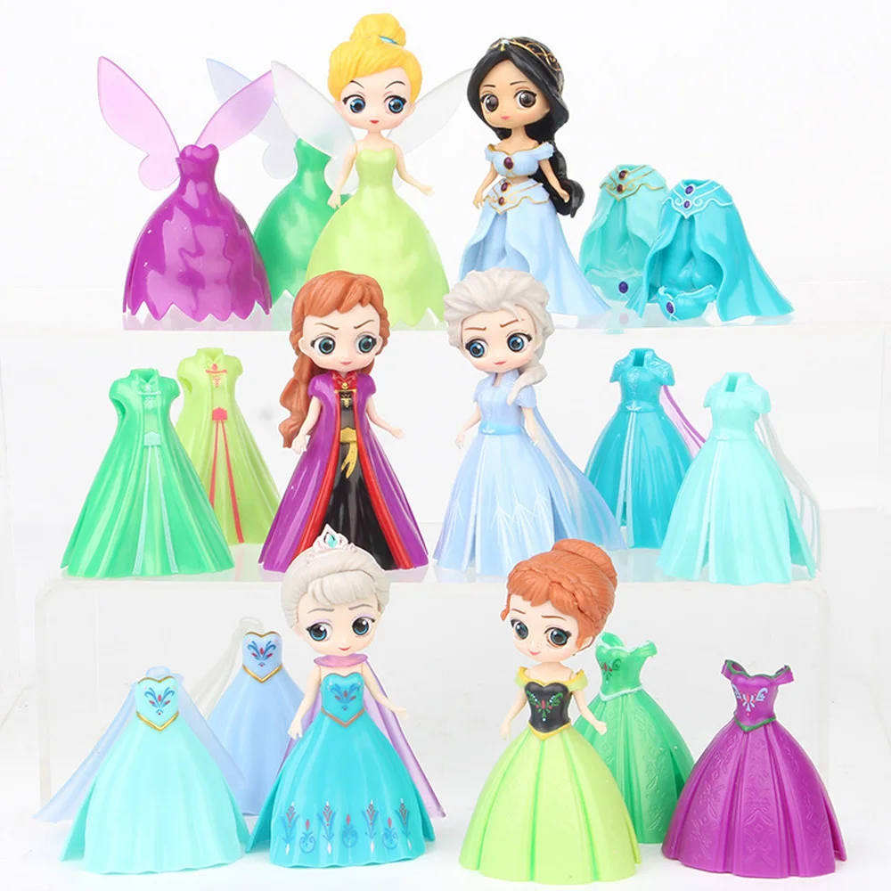 18Pcs/Set Disney Princess Frozen Elsa Queen Anna Tinker Bell Jasmine Change Clothes Figures  PVC Action Model Toys Doll Gifts