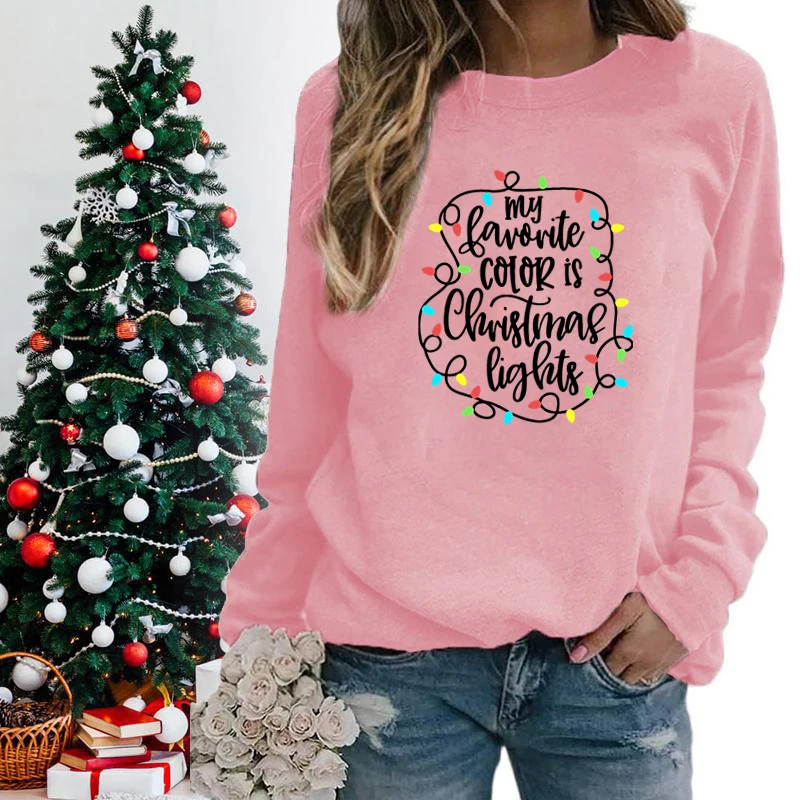 Funny My Favourite Color Is Christmas Lights Print Sweatshirt For Women Crew Neck Long Sleeves Pullover Christmas Sweatshirts