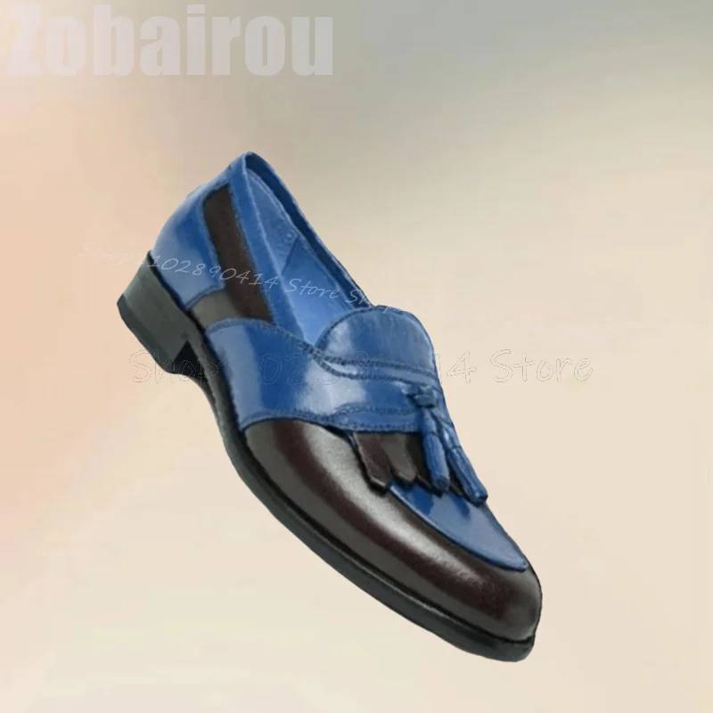 Mocasines de cuero mate con borlas para hombre, zapatos lujosos sin cordones, hechos a mano, para fiesta y oficina, color azul y negro