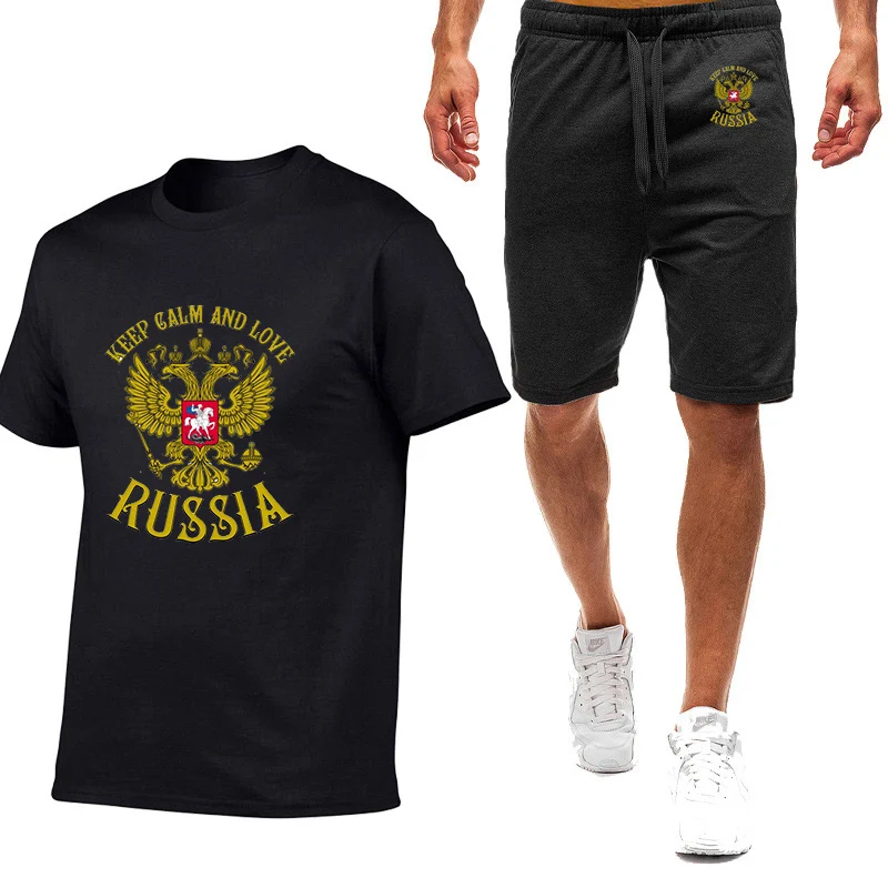 

Russia Badge Gold Eagle Print Men Short Sleeve Summer T Shirt HipHop T-Shirt High Quality Cotton T Shirts Shorts Suit Sportswear