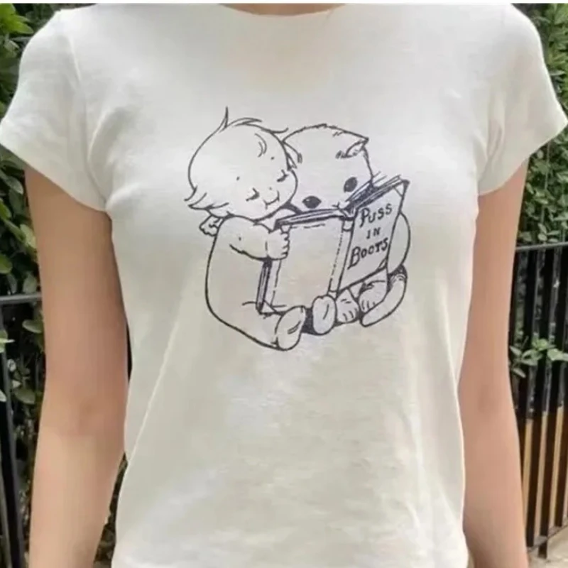 

Casual Women White O Neck Angle Cat Printed T-shirt 2025 Spring Fashion Ladies Short Sleeves Tees Female Chic Tops