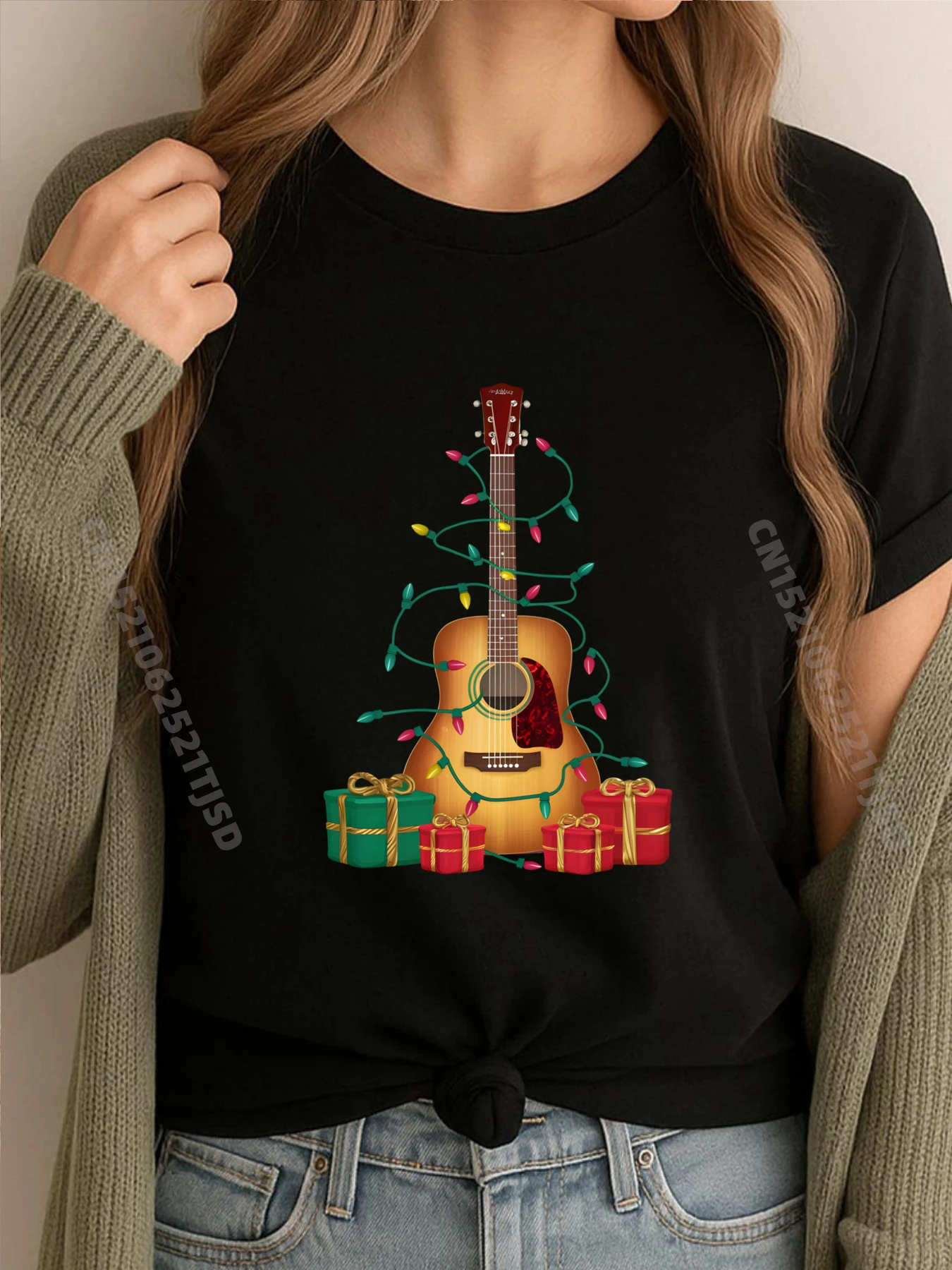 

Гитара Рождественское освещение Санта Музыкальная гитара Рождественская уличная женская роскошная футболка
