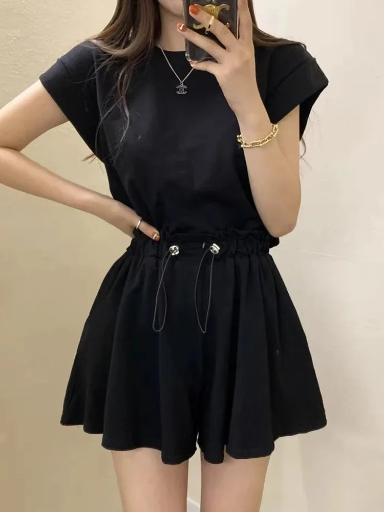 korea chic Summer Skirt Sets For Women 2 pieces Outfits Dress Casual Workout 2024 Elegant Short sleeve T-shirt Top Leg Shorts