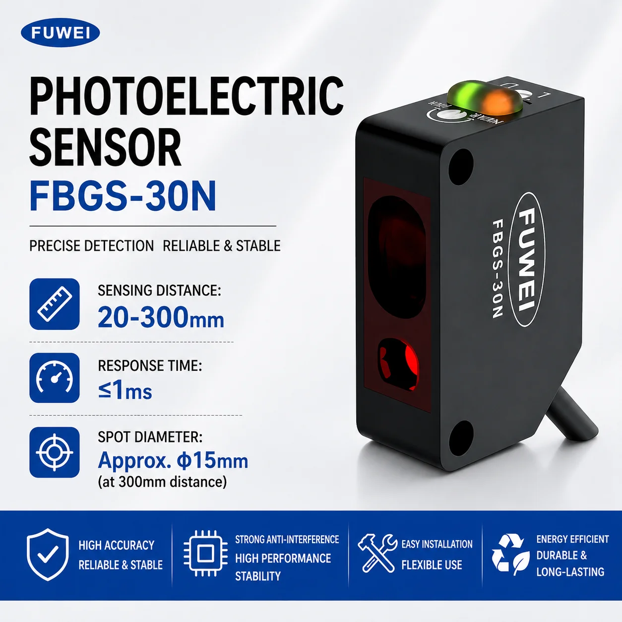 FUWEI FBGS-30 24V Detect Different Shapes and Uneven Surfaces Background Suppression Type Photoelectric Sensor